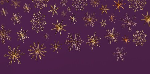 Stunning golden snowflakes against a rich purple backdrop. Perfect for holiday designs, winter themes, Christmas cards, and festive projects. Em