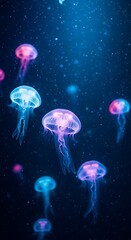 Naklejka premium Glowing jellyfish swimming in deep blue water illuminated against dark background