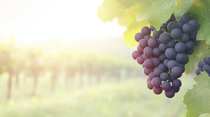 Clusters of dark purple grapes hanging on vine in vineyard. Sunlight filters through leaves