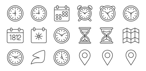 Collection of Time and Location Icons Vector Graphic Outline Style Depicting Time Management and Travel Essentials