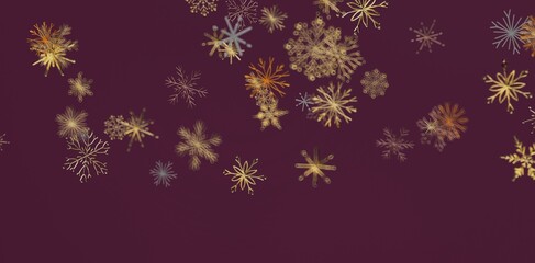 Artistic illustration of golden snowflakes falling against a deep burgundy backdrop, ideal for Christmas or winter themes. Perfect fo