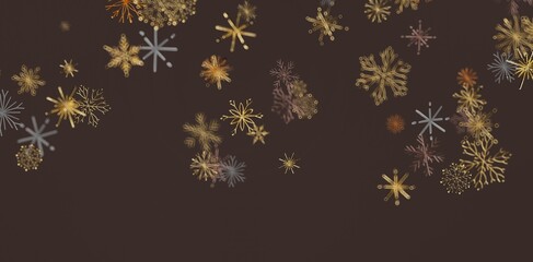 Abstract design of snowflakes in gold, silver, and copper tones against a dark brown backdrop. Perfect for Christmas, winter, holiday