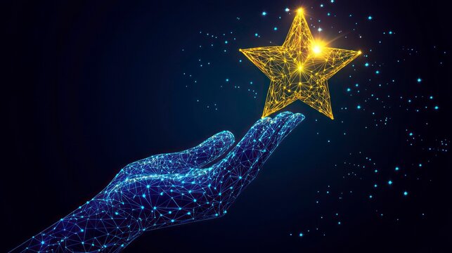 Reaching for a star.  A hand, digitally rendered, reaching for a golden star