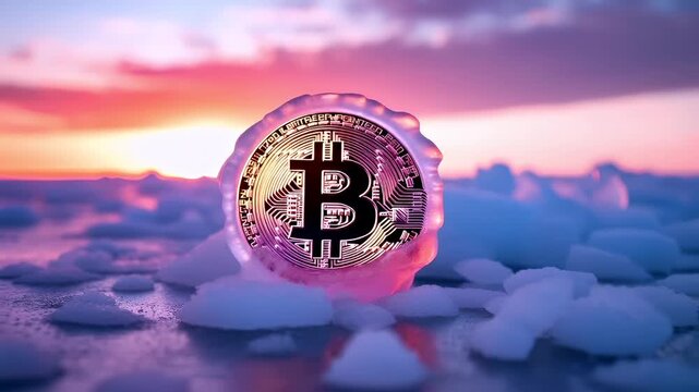 A vivid, highresolution digital artwork of a Bitcoin coin encased in ice against a backdrop of a sunset sky. The coin is illuminated with a pinkish hue.