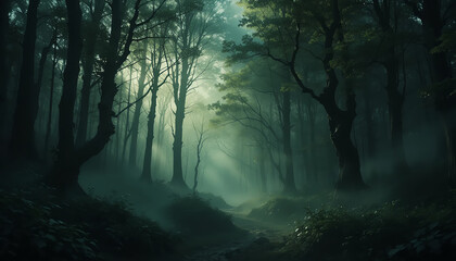 Mystical Green Forest with Dense Trees and Foggy Atmosphere in Natural Setting