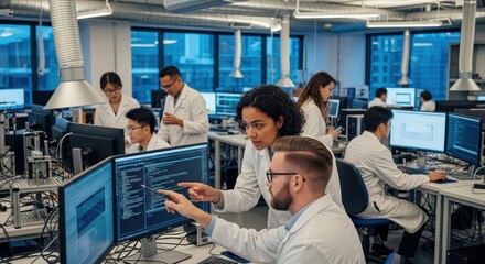 Innovative laboratory team collaborates on scientific advancements, utilizing advanced technology