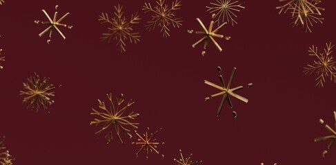 Stunning abstract gold snowflakes floating against a deep burgundy background perfect for holiday design and seasonal projects. Ideal for Christ
