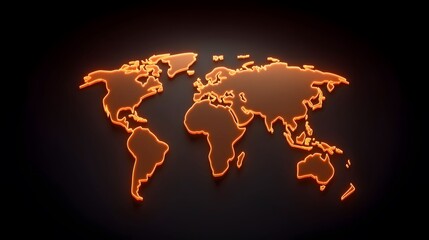 The image shows a stylized, glowing orange world map against a dark background, creating a modern and sleek visual effect; the continents are outlined with a soft, radiant glow.