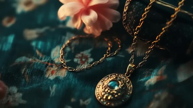 Ornate gold necklace featuring a central blue gemstone resting on dark floral fabric