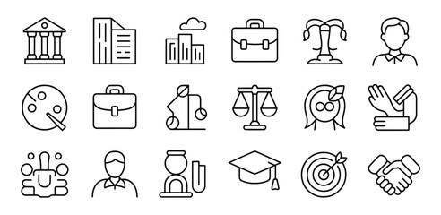 Diverse Business and Legal Icons Representing Various Aspects of Professional Life and Justice System