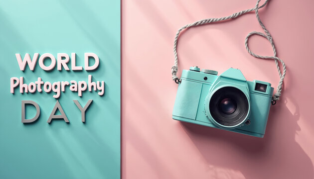 Turquoise camera with strap hangs on pink background near World Photography Day text. Celebration of art of image making, capturing moments. - Powered by Adobe