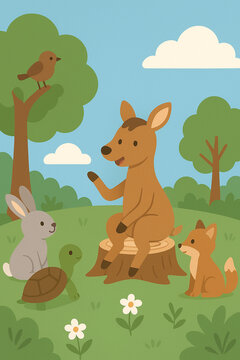 Flat Vector Illustration of a Clever Deer Telling Stories in the Forest &ndash; AI Generated