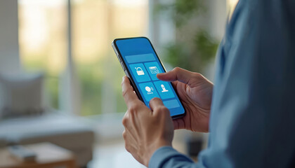 Person uses smartphone app for smart home remote control. Screen displays house automation user interface with control icons. Mobile home control tech gains popularity for comfort and security.