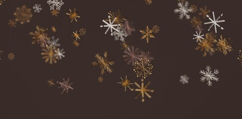 Abstract pattern with snowflakes in gold and white shades on a brown background. Perfect for holiday design and winter themes.