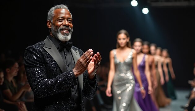 Sophisticated Black man claps, smiles warmly at grand fashion show event. Wears sequin tuxedo, bow tie. Female models walk runway in dazzling evening gowns, new collection. Audience watches