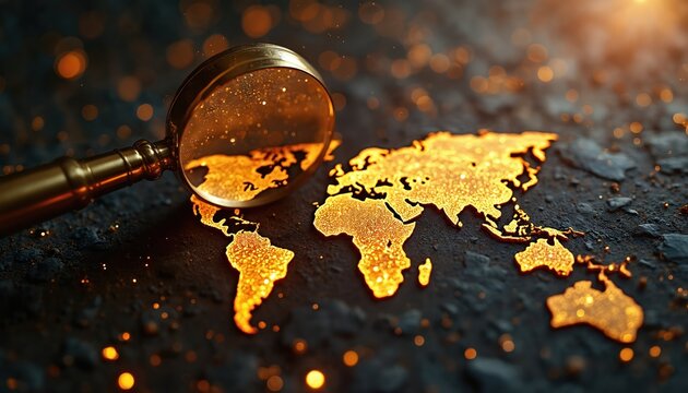 Golden magnifying glass focuses on glowing world map. Map shows continents with bright golden particles on dark texture. Many golden sparks surround scene. Image represents global exploration, data,