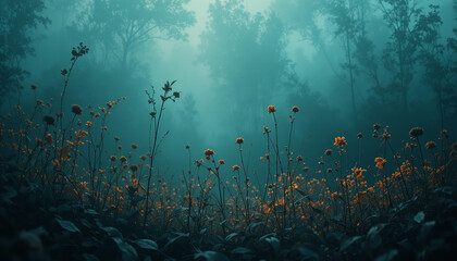 Mystical Foggy Forest Scene with Wildflowers and Tall Trees in Soft Morning Light