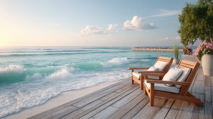 Two Empty Wooden Lounge Chairs on a Sunlit Deck Overlooking a Turquoise Ocean With Gentle Waves and a Distant Pier Under a Clear Blue Sky With Fluffy Clouds