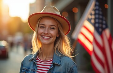 Smiling blonde woman in hat poses with USA flag. Happy lady wears denim jacket, red white striped shirt outdoor. Female demonstrates patriotism near building in city at sunset.