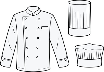 Chef uniform illustration, double-breasted jacket and hat styles, culinary attire mockup, professional kitchen wear template, cad drawing flat vector illustration