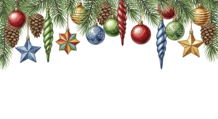 New Year and Christmas Pine Garland with Ornaments on a Transparent Background PNG Image