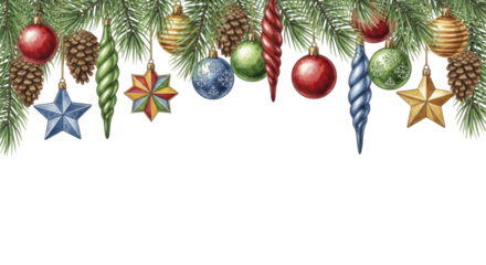 New Year and Christmas Pine Garland with Ornaments on a Transparent Background PNG Image