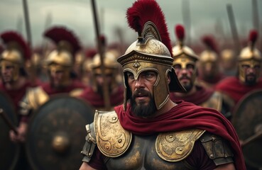 Roman legionaries in full armor are ready for battle. Warriors stand in formation wearing helmets holding shields and spears. The military is prepared to fight in an ancient war.