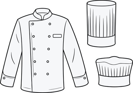 Chef uniform illustration, double-breasted jacket and hat styles, culinary attire mockup, professional kitchen wear template, cad drawing flat vector illustration