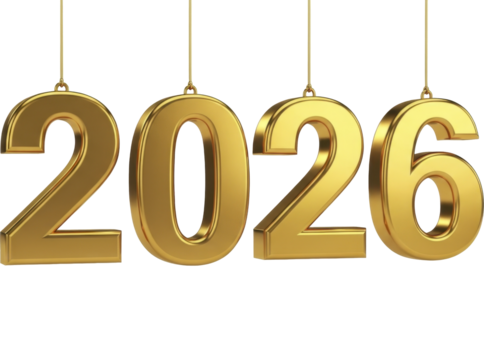 Shiny Golden 2026 Hanging Numbers Festive Celebration on Transparent Background PNG Image