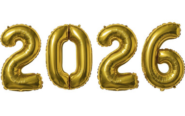 Shiny gold foil balloon numbers 2026 on a transparent background PNG image PNG file for New Year celebration.