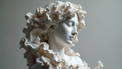 Sculpture of woman with ornate hair. White statue in studio. Female head bust with closed eyes. Concept of inner peace or history. Art object in classic style. Digital art with ornaments.