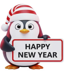 Cute penguin character wearing Santa hat holding Happy New Year sign on a transparent background PNG image