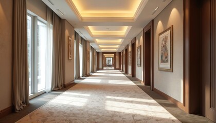 Long luxurious hotel corridor with plush carpet. Elegant decor, modern art adorn walls. Soft ambient light illuminates from ceiling, natural light streams from large windows. Empty upscale hallway.