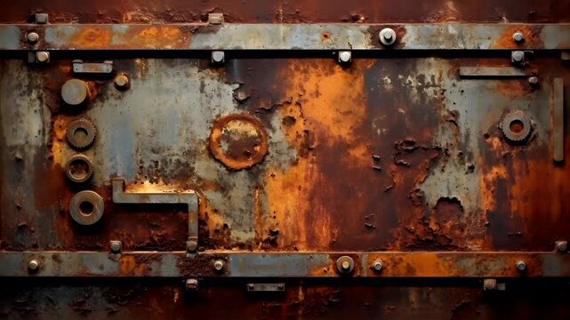 Digital art wallpaper background. A closeup of a rusted metal surface with rivets and bolts. The metal has a rich, reddishbrown hue with patches of rust and discoloration.