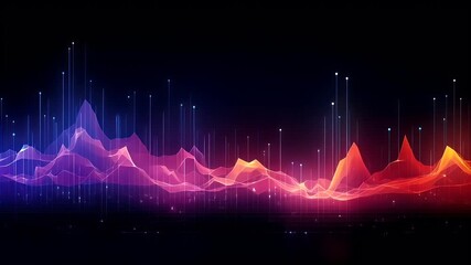 Digital art wallpaper background. A digital artwork featuring a vibrant, abstract digital waveform with a gradient of colors ranging from deep purples and blues to bright oranges and pinks. - Powered by Adobe