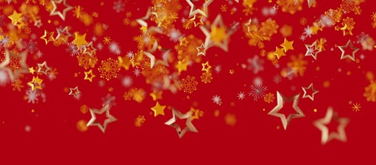 Christmas background with golden stars, snowflakes on red, creating festive atmosphere. Perfect for holiday designs and celebrations.
