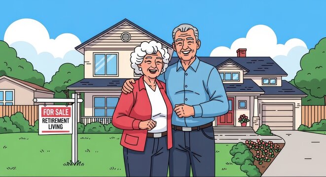 Cartoon styled senior couple selling their home for retirement living concept