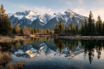 Naklejka premium Scenic Mountain Reflection in Calm Lake at Sunrise with Snowy Peaks Evergreen Trees and Clear Sky in Serene Outdoor Landscape