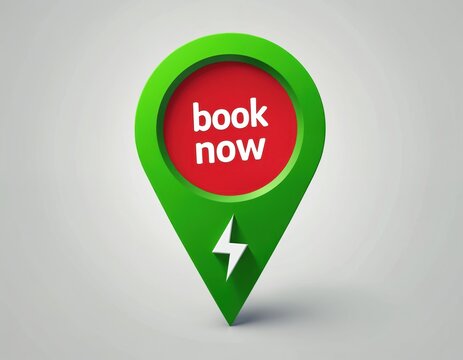 Green map marker pin displays book now text. Red circular button offers quick online reservation. White lightning bolt symbol promotes fast booking deals. Call to action icon great for web interface, - Powered by Adobe