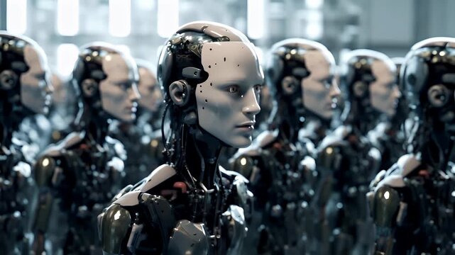 robotics in a row, with one robot in the foreground looking directly at the camera. The robots face is detailed with a white complexion, blue eyes, and a silver, metallic headpiece.