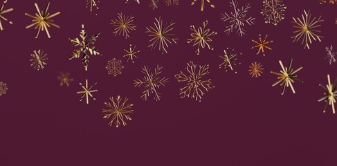 Christmas background with gold snowflakes on a rich burgundy backdrop for holiday designs, cards, and festive decorations. Perfect for celebrati