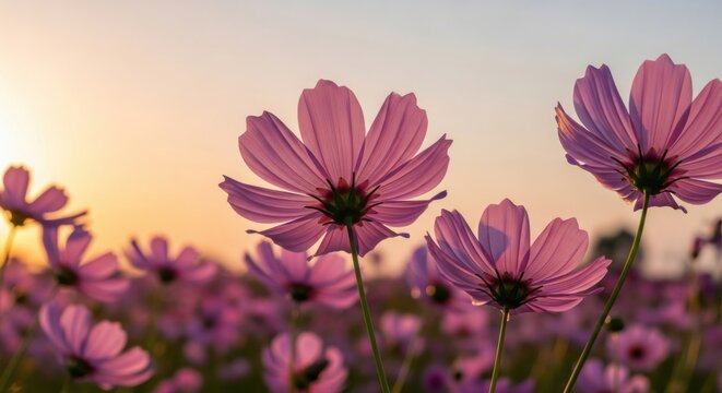 Close up of delicate pink cosmos flowers blooming in a field at sunset