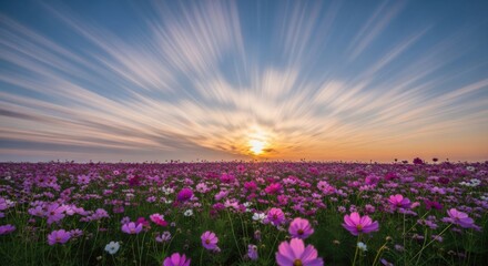 Vast field of vibrant pink poppies under a dramatic sky with sunburst and streaking clouds