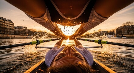 Rowers in sync on a river at sunrise with city buildings in the background