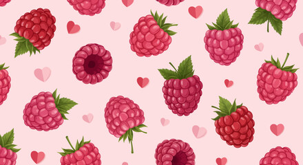 Raspberry pattern with hearts on pink background, a sweet and romantic design.