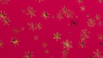 Festive golden snowflakes floating on a vibrant red backdrop perfect for Christmas or New Year designs. Holiday season background with abstract