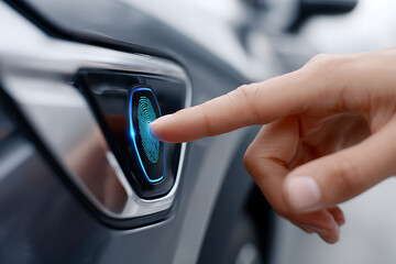 Finger Placed on a Car's Biometric Sensor for Access in a Modern Urban Environment