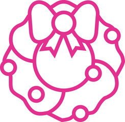 Simple pink outline of a christmas wreath with bow and ornaments