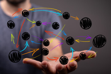 Abstract image of network connections, data flow, and interconnectedness visualized on a hand.