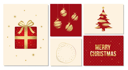 Festive Christmas card set with gift, ornaments, tree, and greeting.